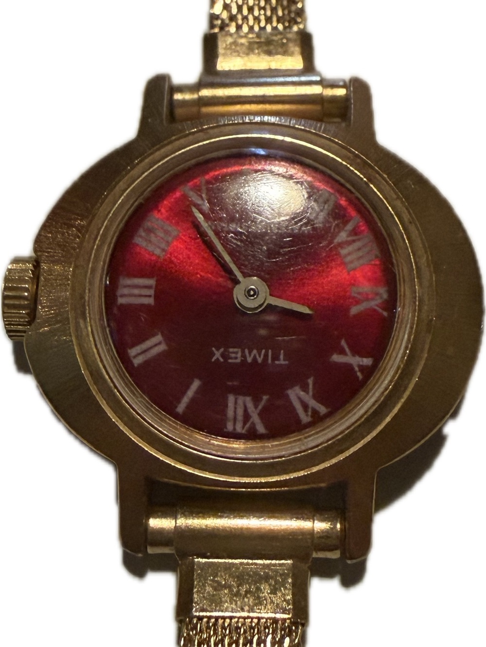 Timex Gold Tone Bracelet Watch with Red Dial